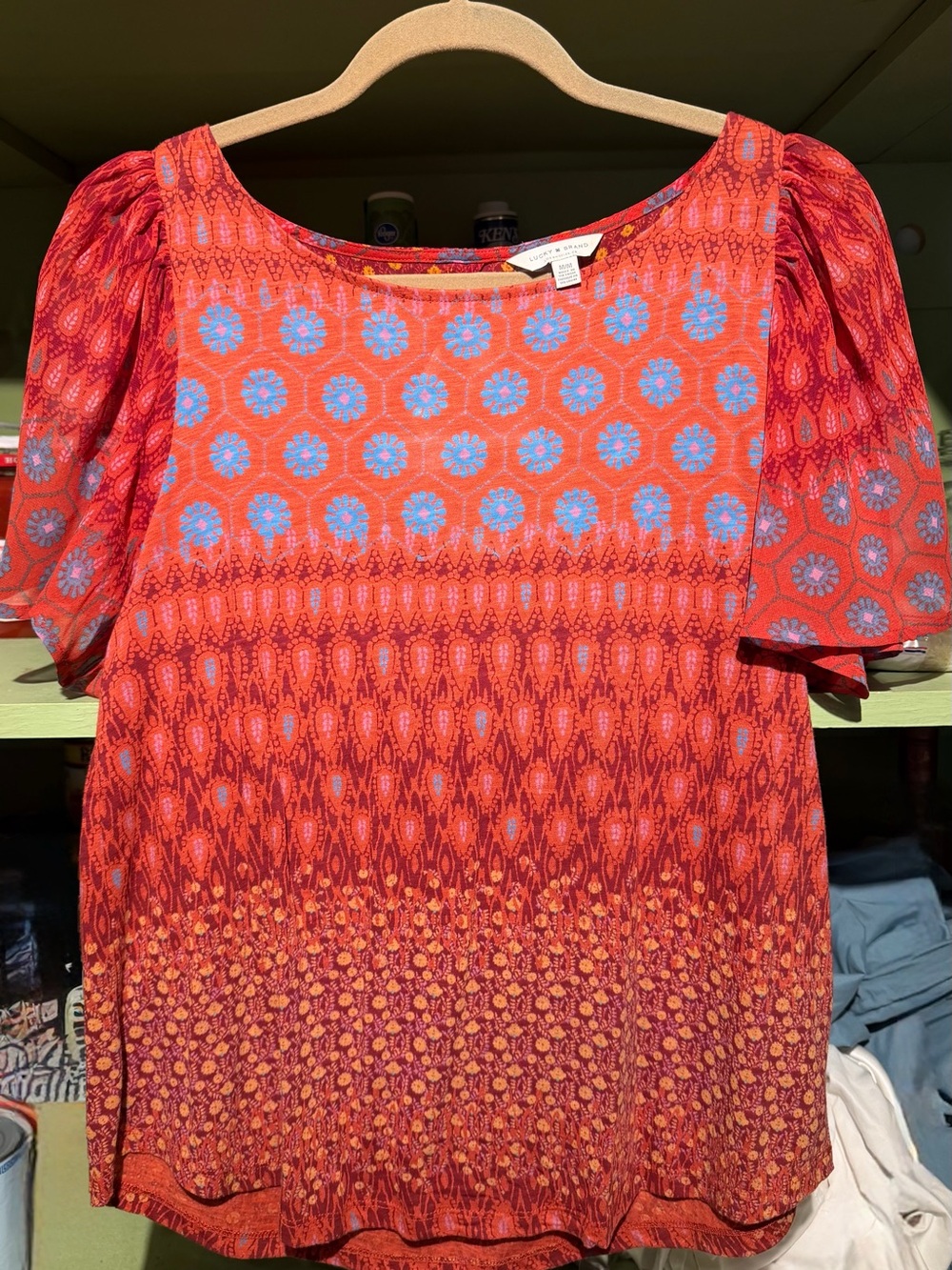 Lucky Brand Red and Blue Puff-Sleeve Printed Top